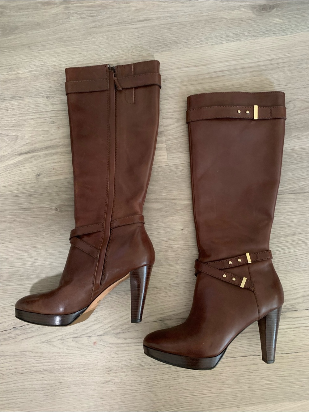 Cole Haan Brown Leather Knee-High Heeled Boots with Gold Accents